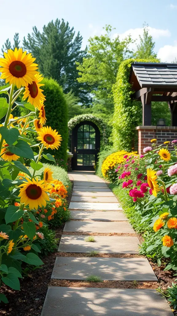 A garden pathway lined with bright sunflowers and colorful flowers leading to an archway.