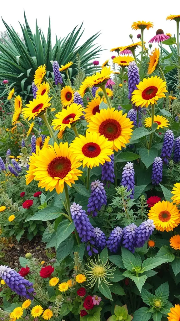 A mixed flower bed featuring sunflowers, purple lupines, and various colorful flowers.