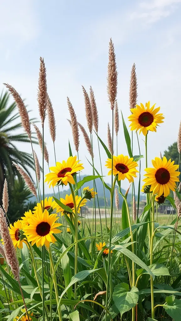 A mix of sunflowers and ornamental grasses in a sunny garden setting.