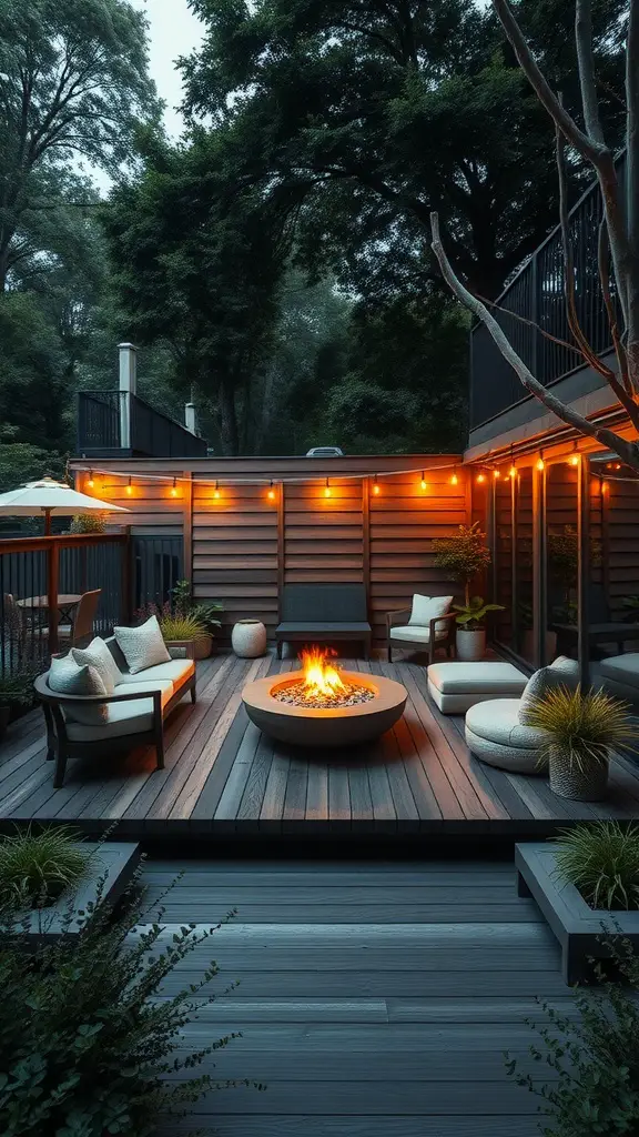 A cozy sunken deck with a fire pit and comfortable seating surrounded by plants