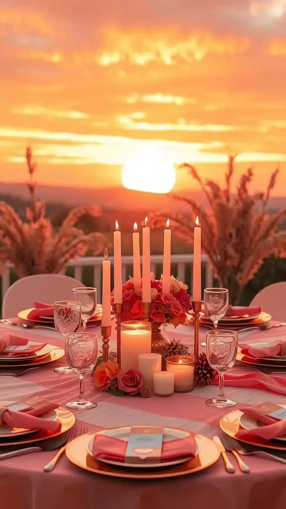 A beautifully set table with a sunset color palette, featuring candles, roses, and elegant dinnerware.