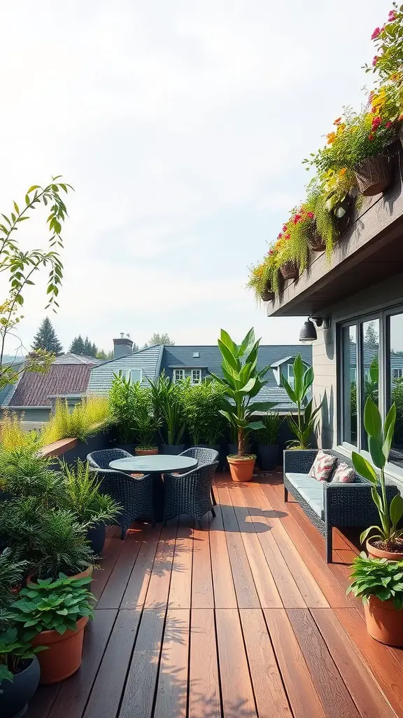 A cozy deck with a wooden floor, green potted plants, and a seating area surrounded by lush foliage.