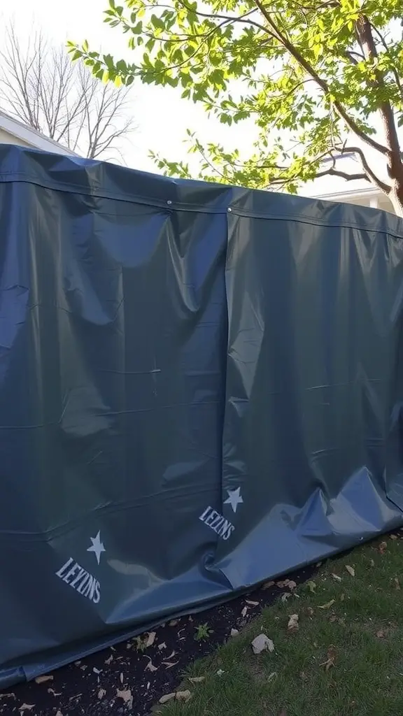 A dark tarp fence providing privacy in a yard.