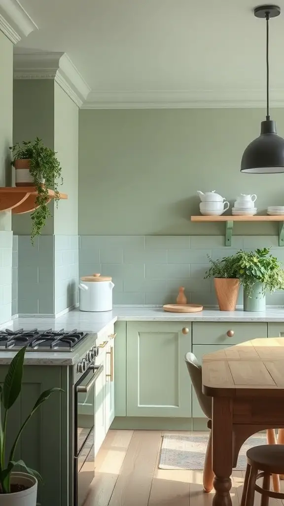 29 Stunning Sage Green Kitchen Cabinet Ideas for a Fresh Look 23 A modern kitchen featuring sage green cabinets, wooden accents, and plants.
