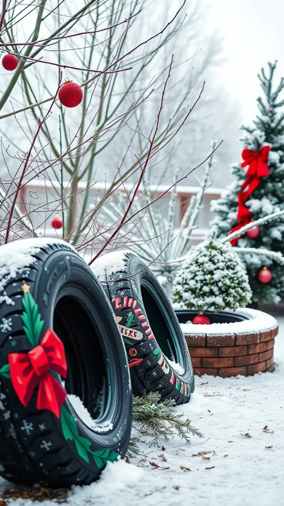 23 Creative DIY Tire Project Ideas for Your Home and Garden 18 Decorated tires in a snowy yard with Christmas ornaments