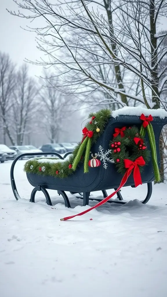 23 Creative DIY Tire Project Ideas for Your Home and Garden 23 A tire transformed into a holiday sleigh decorated with greenery and bows, set in a snowy landscape.
