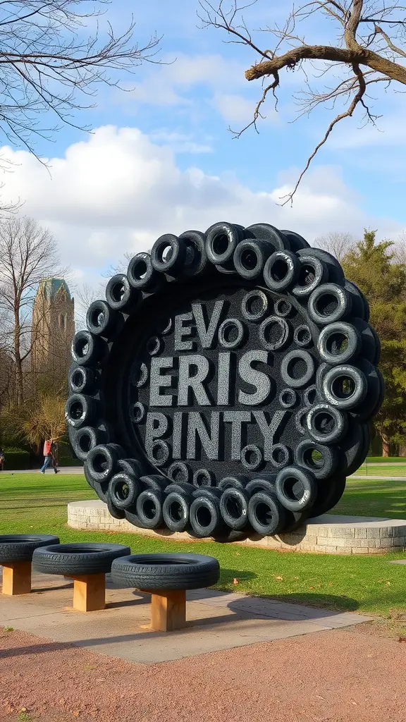 23 Creative DIY Tire Project Ideas for Your Home and Garden 22 A large tire wall art installation in a park featuring a circular design with bold letters in the center and surrounding tires.