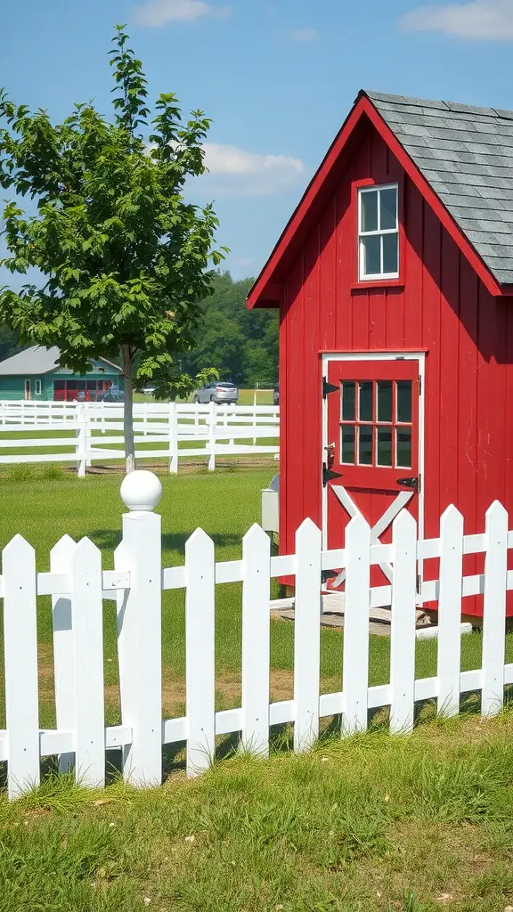 A traditional barn-style chicken coop with a red exterior, white trim, and a white picket fence in a green yard.