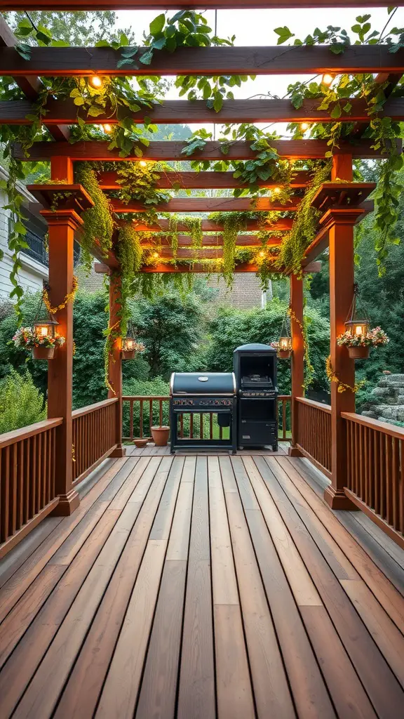 A wooden pergola adorned with greenery, providing a shaded outdoor space with a grill.