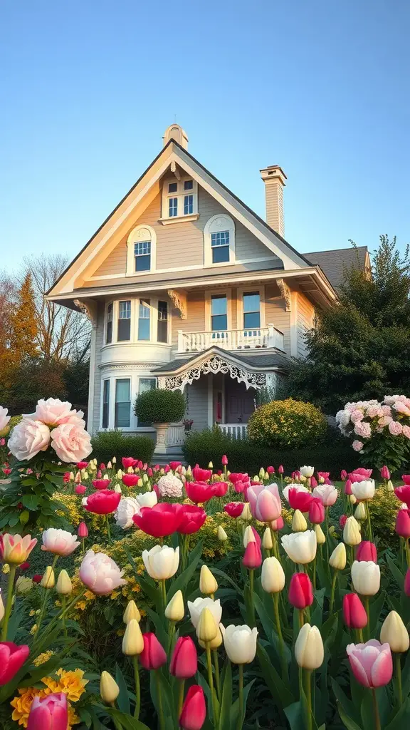 A Victorian-style house with a porch surrounded by colorful flower beds, featuring pink and white tulips and peonies.