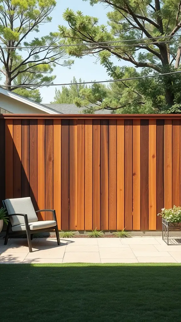 A treated wooden fence with rich brown tones, accompanied by a chair and greenery in a patio setting.