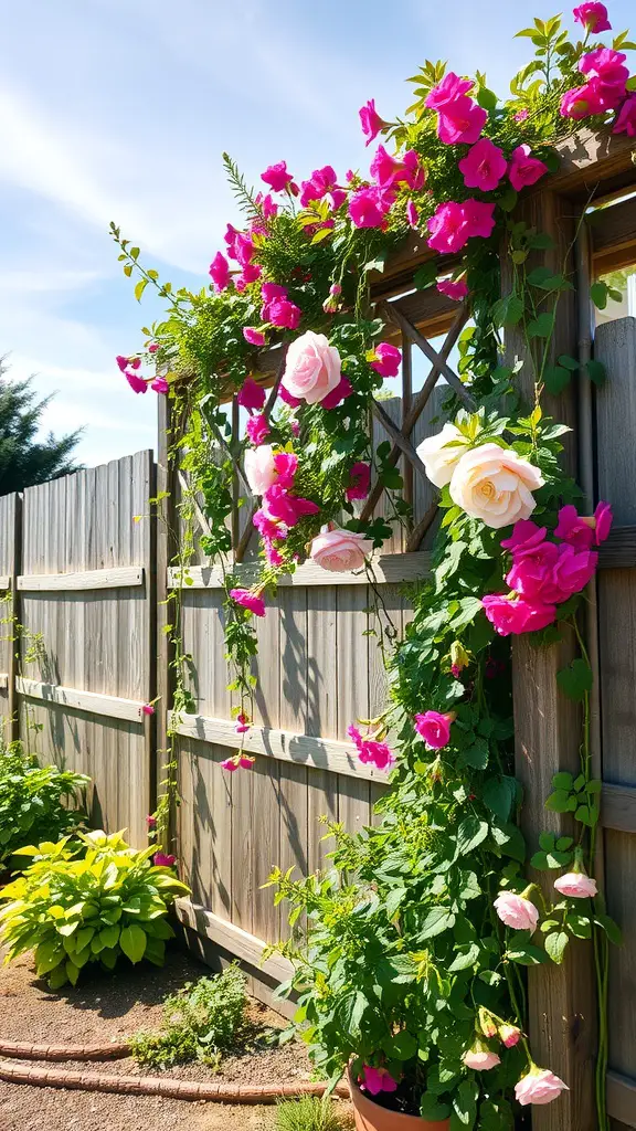 A wooden trellis fence covered with climbing roses and vibrant pink flowers against a blue sky.