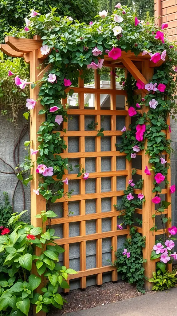 A wooden trellis covered with climbing vines and colorful flowers in a garden.