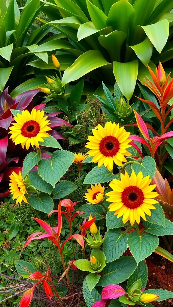 Tropical-themed sunflower bed featuring bright yellow sunflowers and lush green foliage.