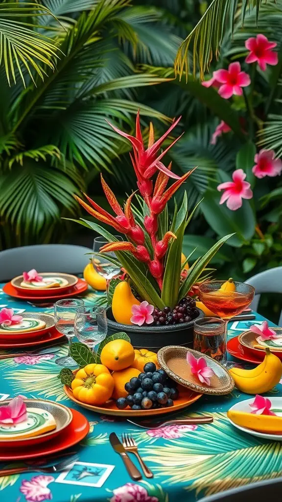 A vibrant tropical-themed tablescape with a blue tablecloth, bright flowers, fruits, and colorful plates.