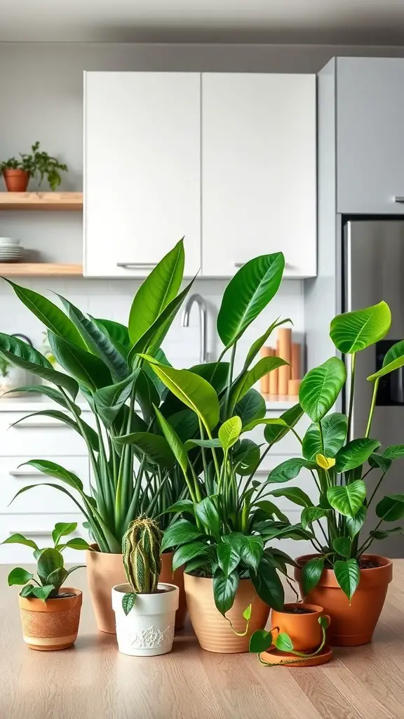 25 Must-Have Kitchen Plants for a Fresh and Green Home 15 A variety of unique foliage plants in pots on a kitchen counter.