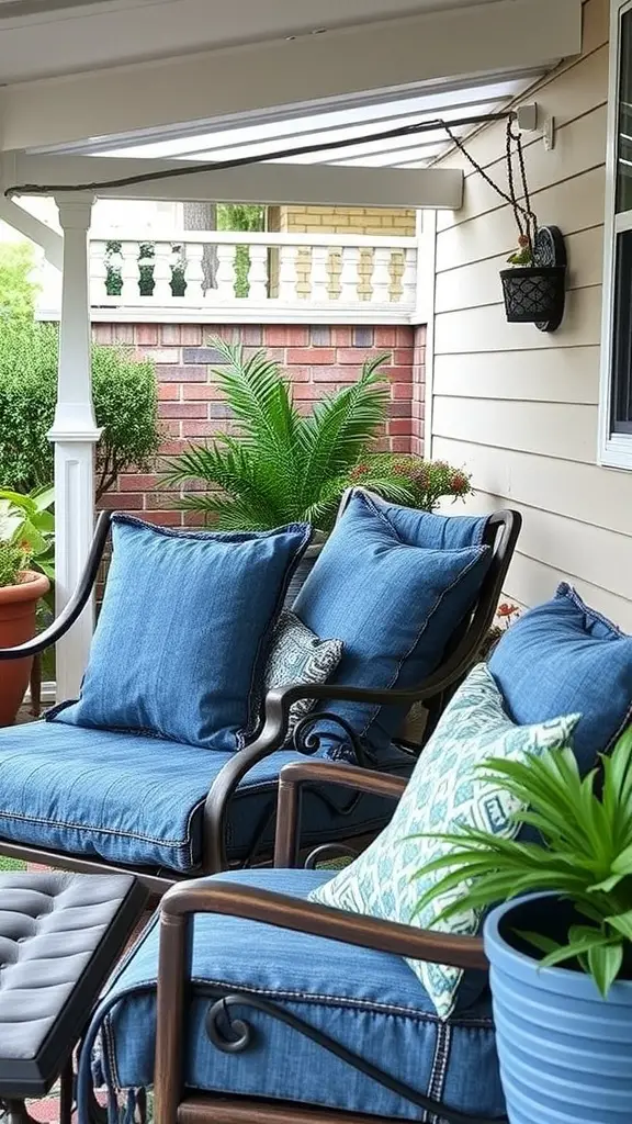 29 Affordable DIY Patio Furniture Ideas for Your Outdoor Space 18 Patio furniture with blue denim cushion covers and decorative pillows.