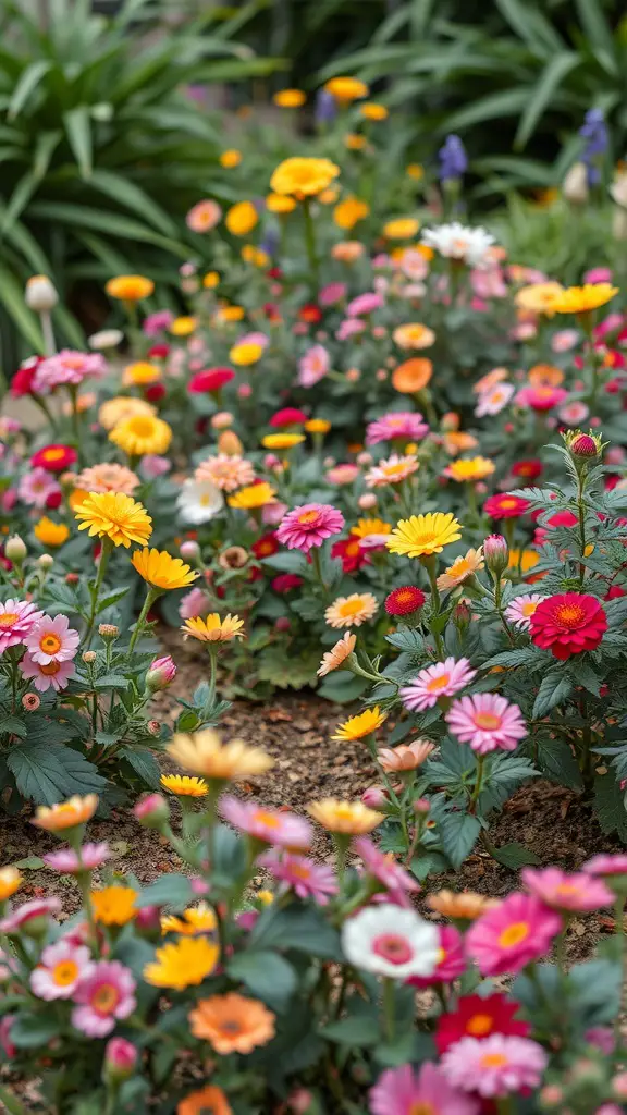 29 Inspiring Small Garden Design Ideas for Every Space 21 A colorful small garden filled with various flowers in shades of yellow, pink, red, and white surrounded by greenery.