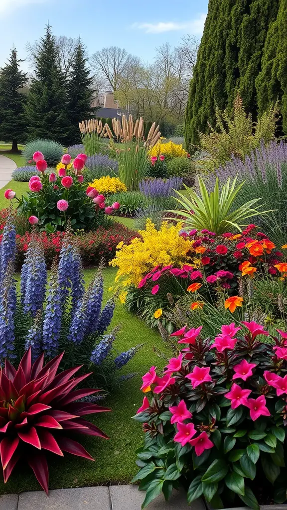31 Stunning Formal Garden Designs You’ll Love 26 A colorful formal garden showcasing various flowers and plants with different colors.