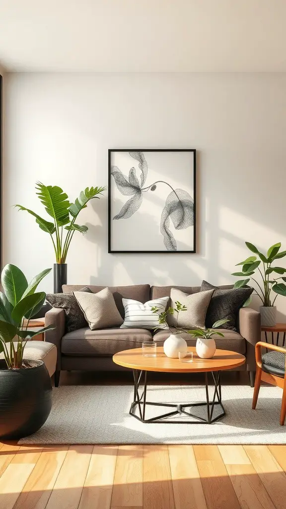 A cozy living room with indoor plants, showcasing a sofa, coffee table, and artwork on the wall.
