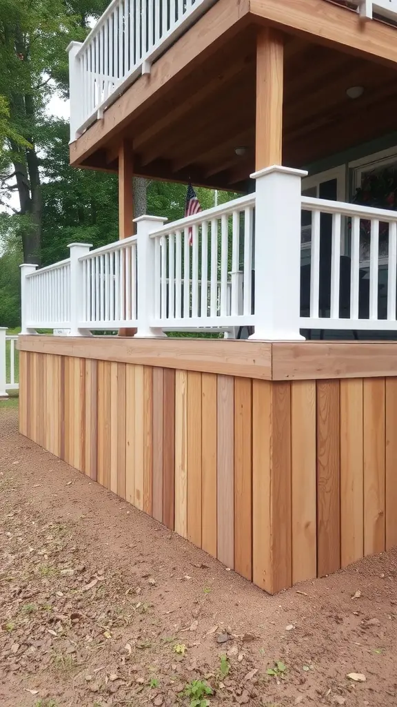 Vertical board skirting on a deck with different wood shades