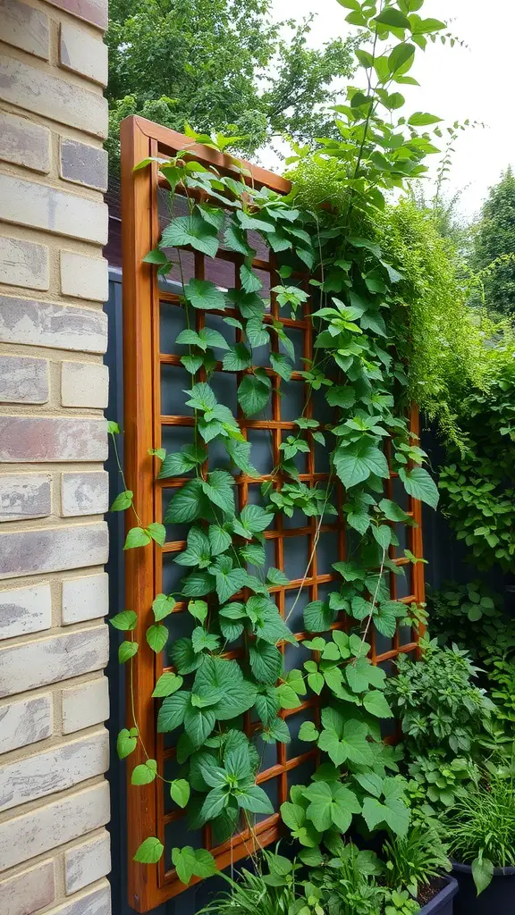 A vertical garden featuring a wooden trellis covered with climbing green plants.