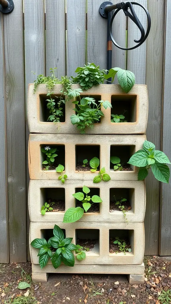 Vertical herb garden made with stacked cinder blocks filled with various herbs