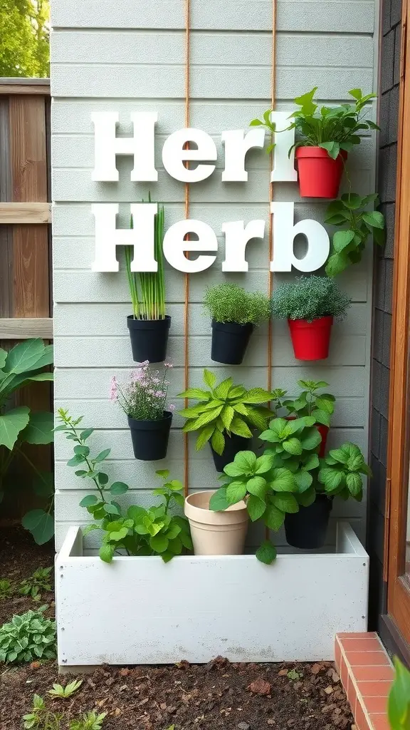 Vertical herb garden with colorful pots on a wall, featuring various herbs like basil and mint.