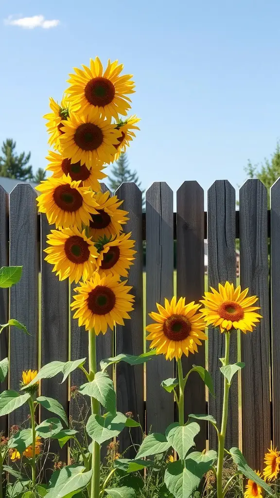 A tall vertical arrangement of sunflowers blooming against a wooden fence.