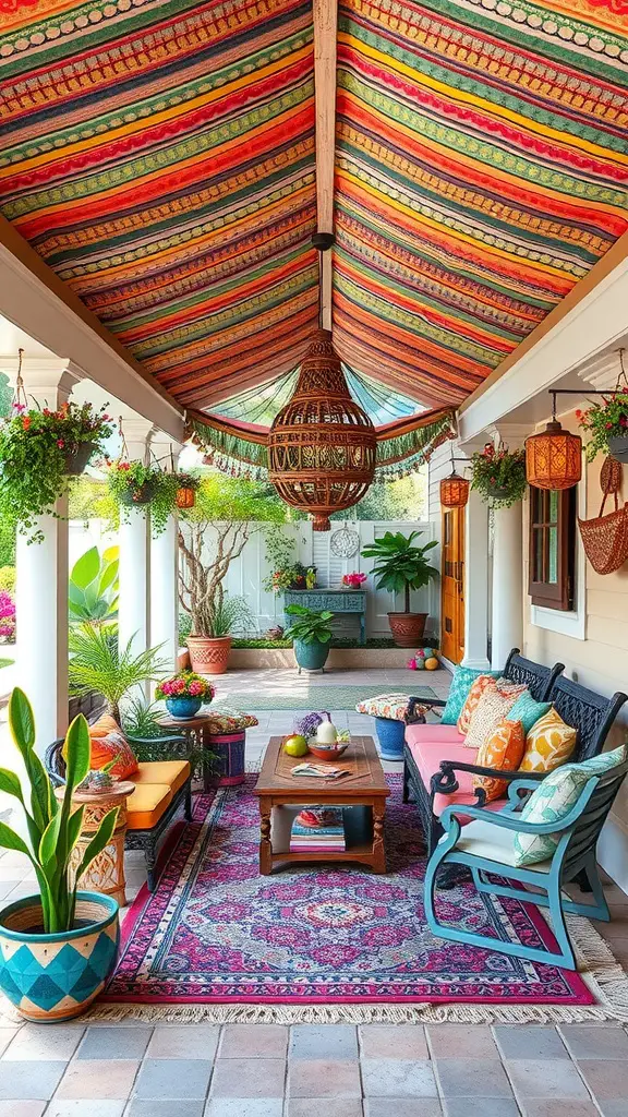 23 Stunning Covered Patios Attached to Houses for Year-Round Enjoyment 15 A vibrant patio with colorful textiles, featuring a striped ceiling, cozy seating, and plants.