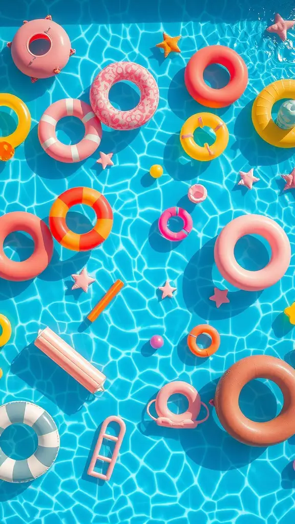 25 Amazing Backyard Pool Ideas for Your Dream Oasis 20 Colorful inflatable floats in a blue swimming pool