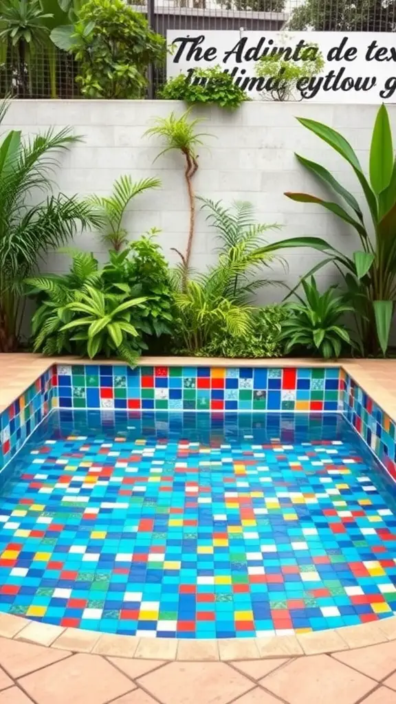 A vibrant tiled pool with blue, green, red, and yellow tiles, surrounded by lush tropical plants.