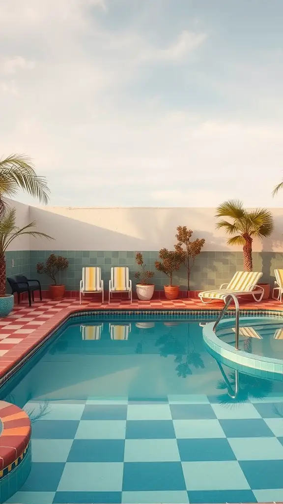 25 Amazing Backyard Pool Ideas for Your Dream Oasis 23 A vintage-inspired backyard pool with checkerboard tiles, surrounded by lounge chairs and palm trees.