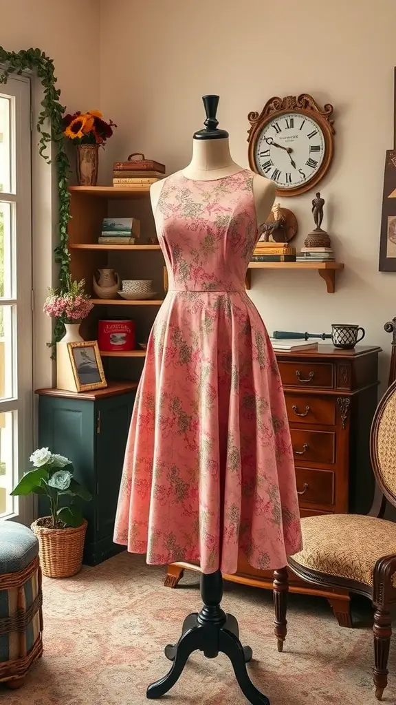 A vintage-inspired tea length dress displayed on a mannequin, featuring a pink floral design in a cozy setting.