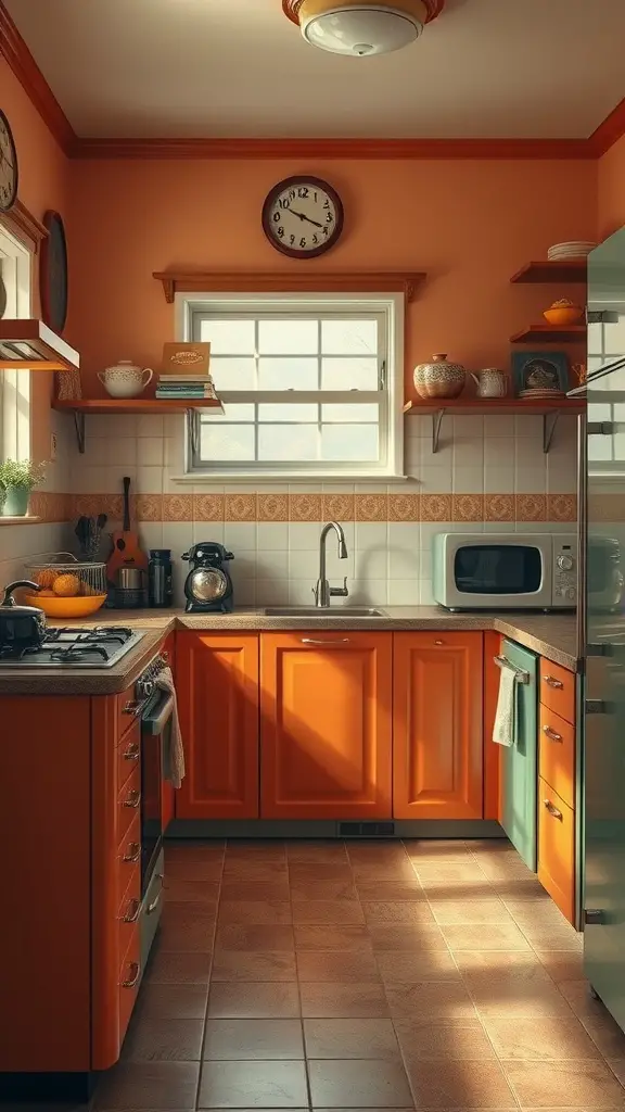 27 Cozy Kitchen Ideas to Create a Warm and Inviting Space 16 Cozy kitchen with vintage appliances and vibrant orange cabinets.