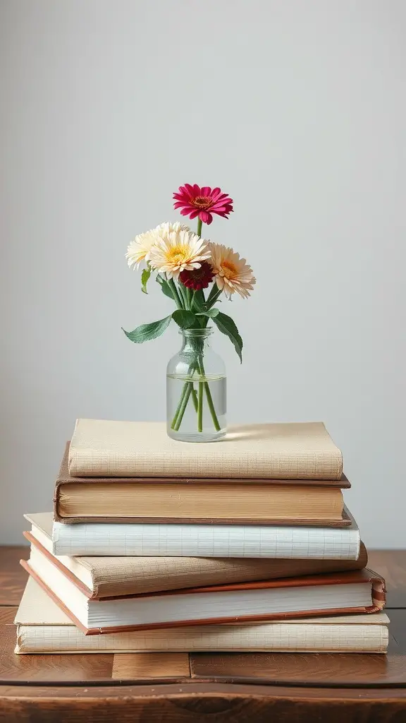 29 Stunning Mother's Day Centerpiece Ideas to Brighten Your Table 6 A stack of vintage books topped with a small glass vase of colorful flowers.