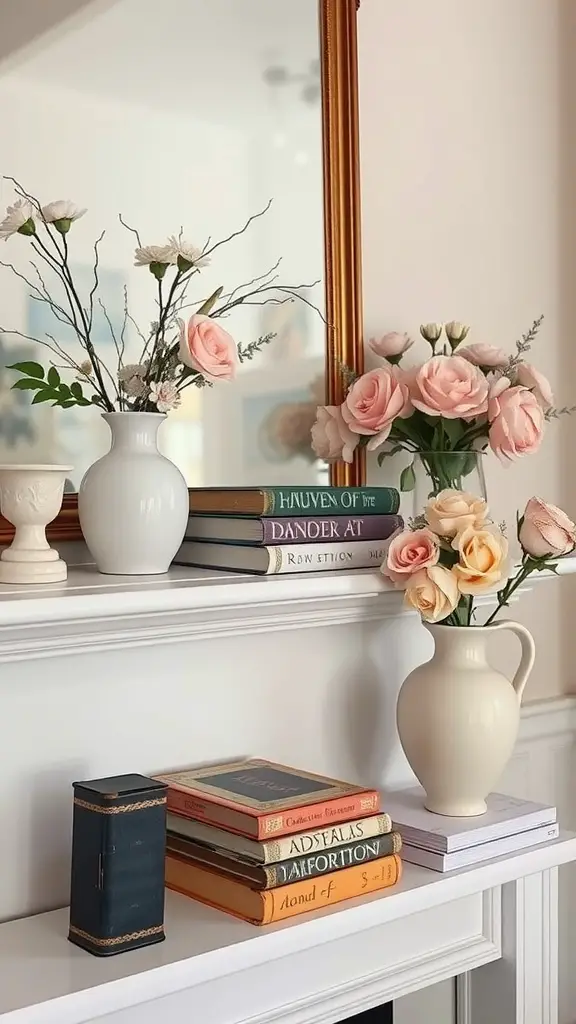 21 Easter Mantels Fireplaces That Will Wow Your Guests! 9 A mantel decorated with vintage books and flower vases.