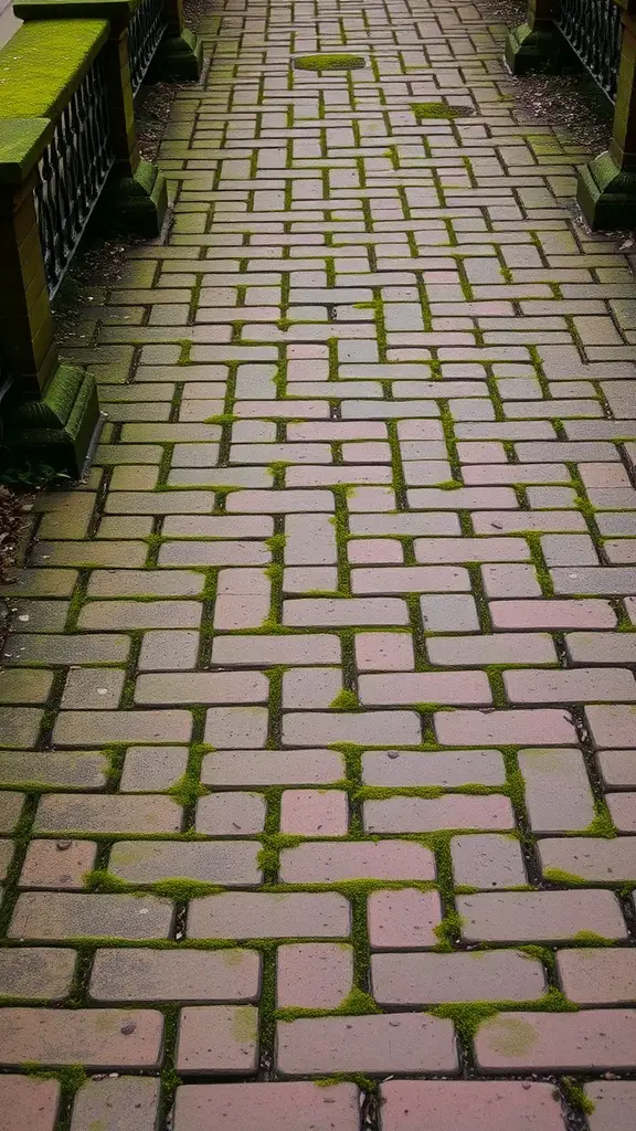 25 Stunning Brick Walkways to Enhance Your Front Door Curb Appeal 22 A vintage brick walkway with moss in between the bricks, leading to a front door.