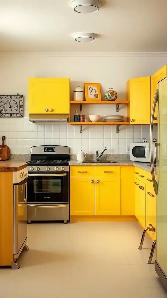 25 Stunning Yellow Kitchen Cabinet Designs to Brighten Your Space 6 A cozy kitchen with buttercup yellow cabinets, wooden countertop, and modern appliances.