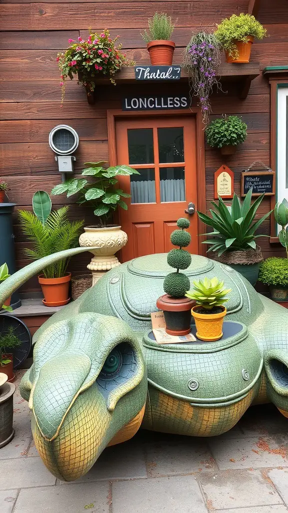 21 Stunning Trex Deck Ideas for Your Outdoor Oasis 15 A whimsical turtle-shaped table surrounded by potted plants and flowers.
