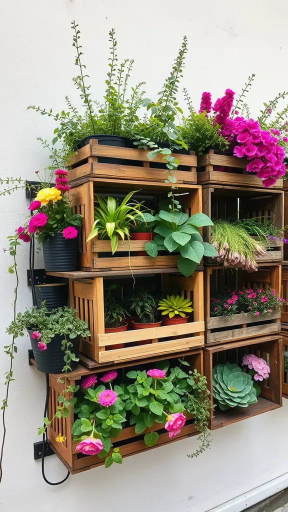 A wall display of vintage wooden crates filled with various colorful plants and flowers.