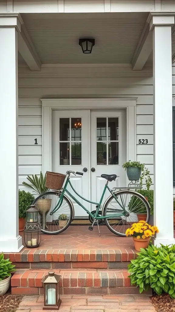 17 Mobile Home Front Porch Ideas for the Perfect First Impression 12 A charming front porch featuring a vintage green bicycle, potted plants, and lanterns.