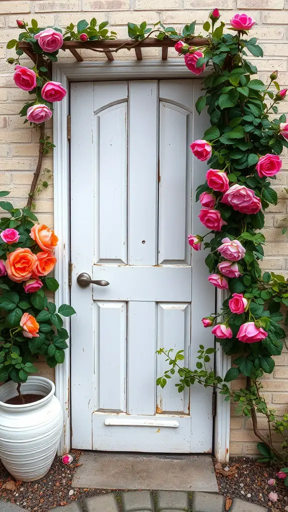 A vintage white door adorned with colorful climbing roses, surrounded by greenery.