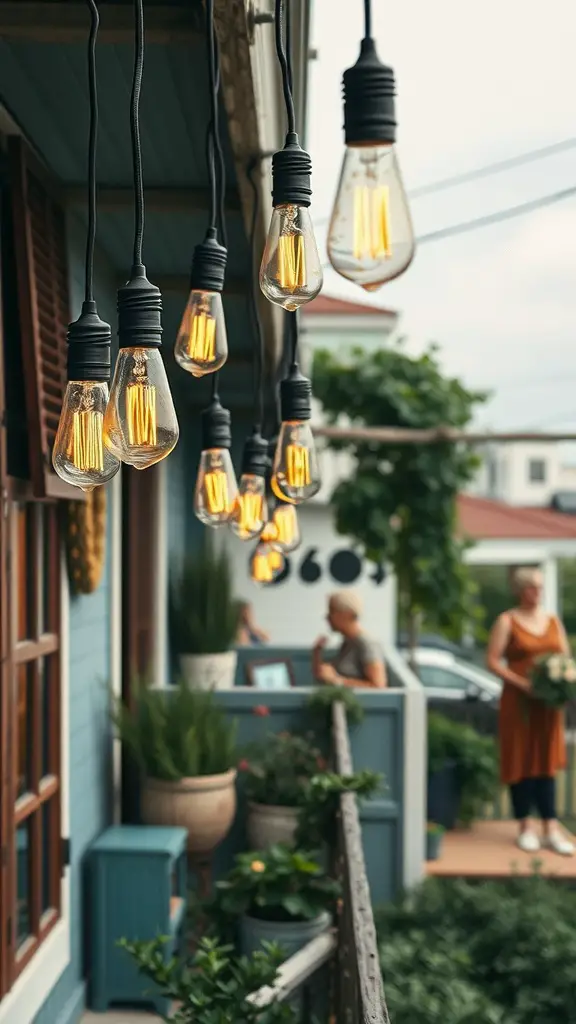 A series of vintage filament bulbs hanging on a balcony, creating a warm and inviting atmosphere.