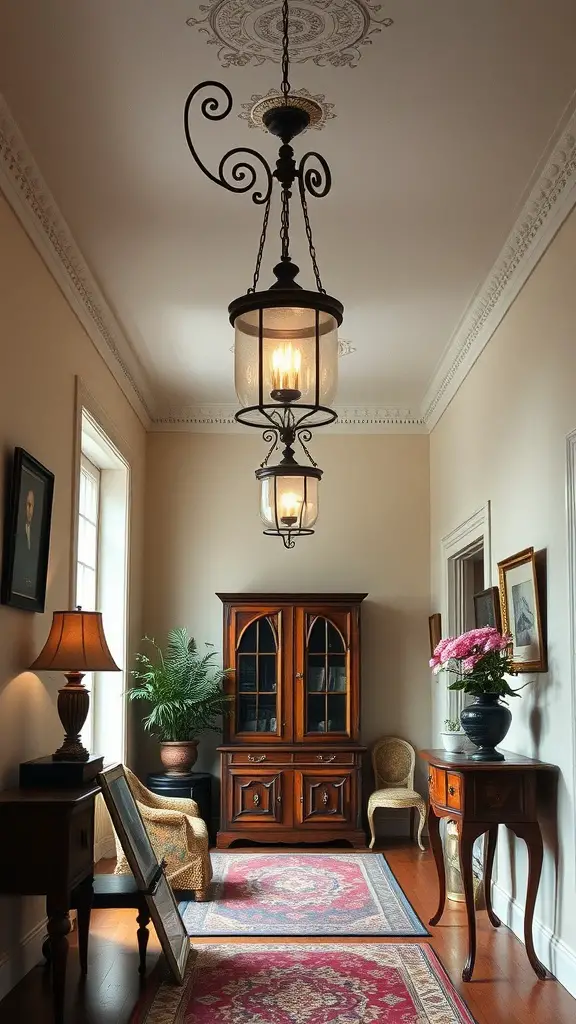 A foyer with vintage lighting fixtures, showcasing timeless charm.