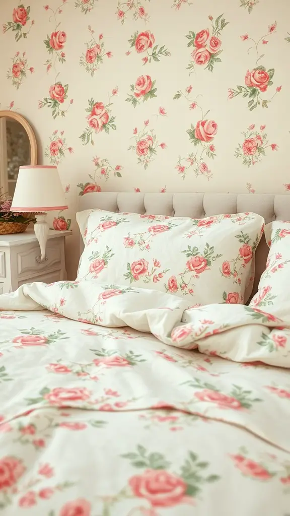 19 Enchanting Garden Bedroom Aesthetic Ideas to Transform Your Space 9 A bed adorned with vintage floral bedding featuring soft pink roses on a light background, complementing the floral wallpaper.