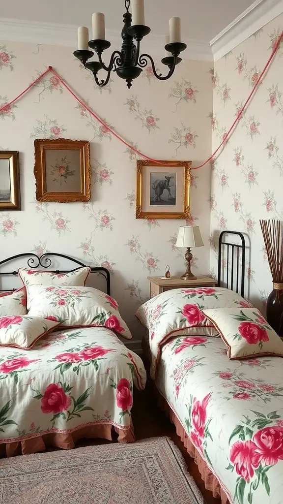 21 Dreamy Floral Bedroom Aesthetics for a Serene Retreat 5 A vintage floral bedroom featuring two beds with floral bedspreads and pillows, framed artwork, and a chandelier.