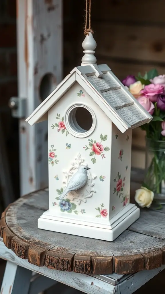 A vintage-style birdhouse painted with floral patterns, resting on a wooden table.