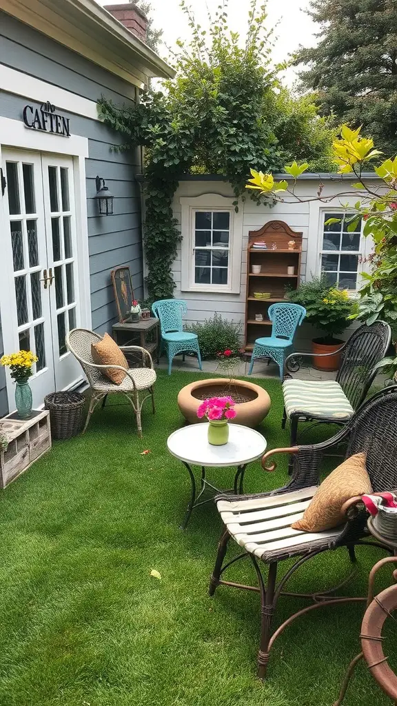 21 Creative Grass Patio Ideas for Your Outdoor Space 14 Cozy patio with vintage furniture surrounded by lush grass