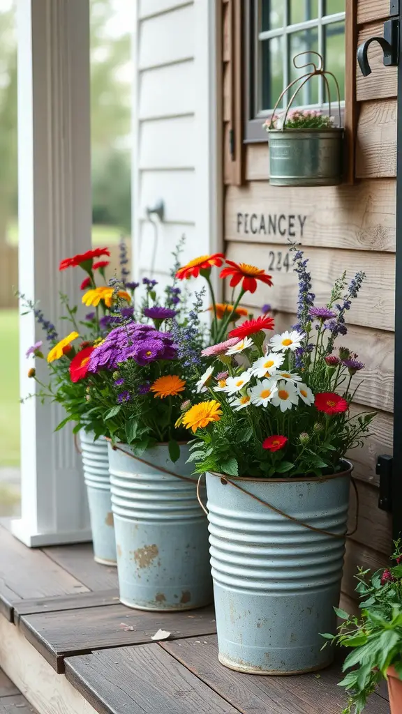 Three vintage galvanized buckets filled with colorful flowers on a porch